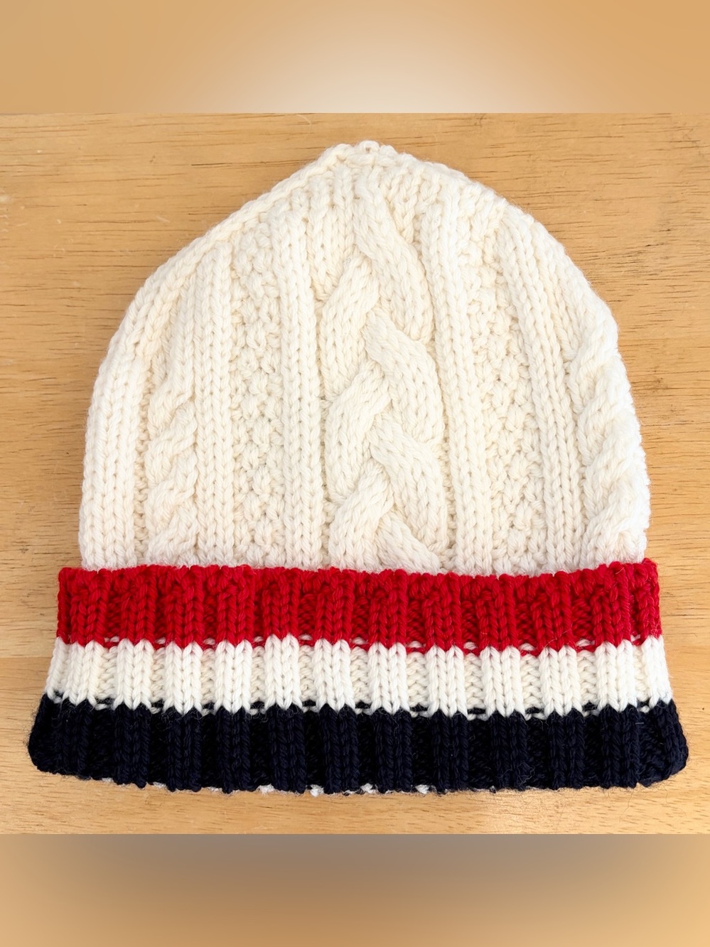 New Thom Browne Ivory Wool Red Blue Navy Stripe Cuffed Beanie $470 OS